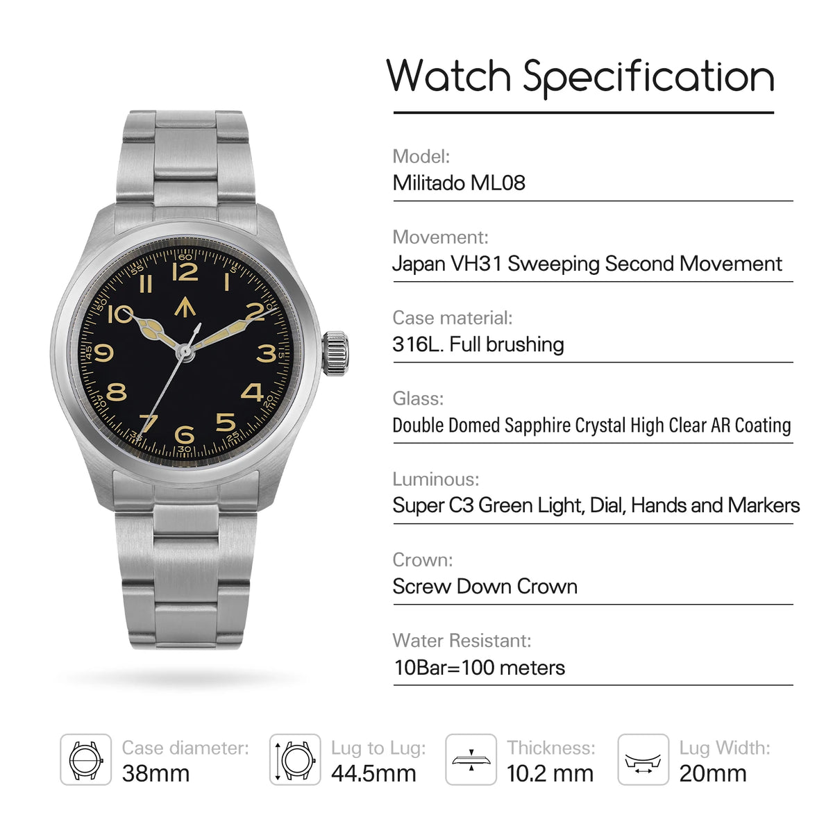 Men’s Vintage Military Quartz Watch – Sapphire Crystal 100M Edition