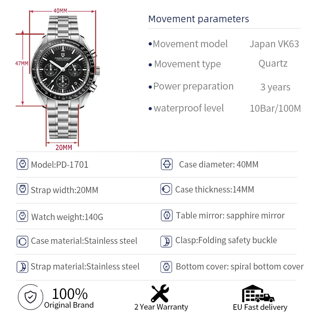 Men’s Chronograph Quartz Watch – Sapphire Crystal Stainless Steel Edition