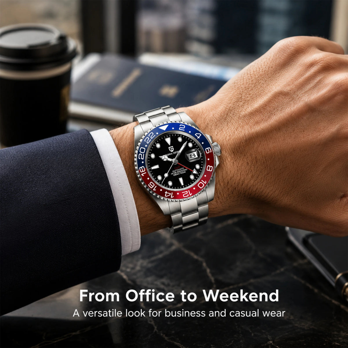 Men’s Automatic GMT Watch – Stainless Steel Dual Time Edition