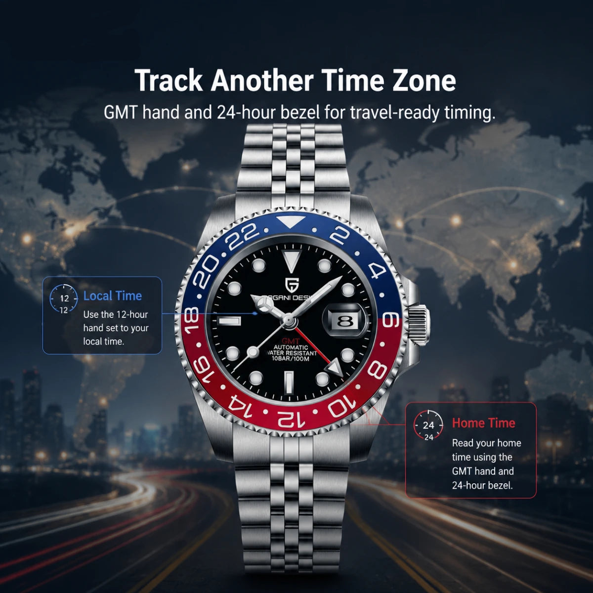 Men’s Automatic GMT Watch – Stainless Steel Dual Time Edition