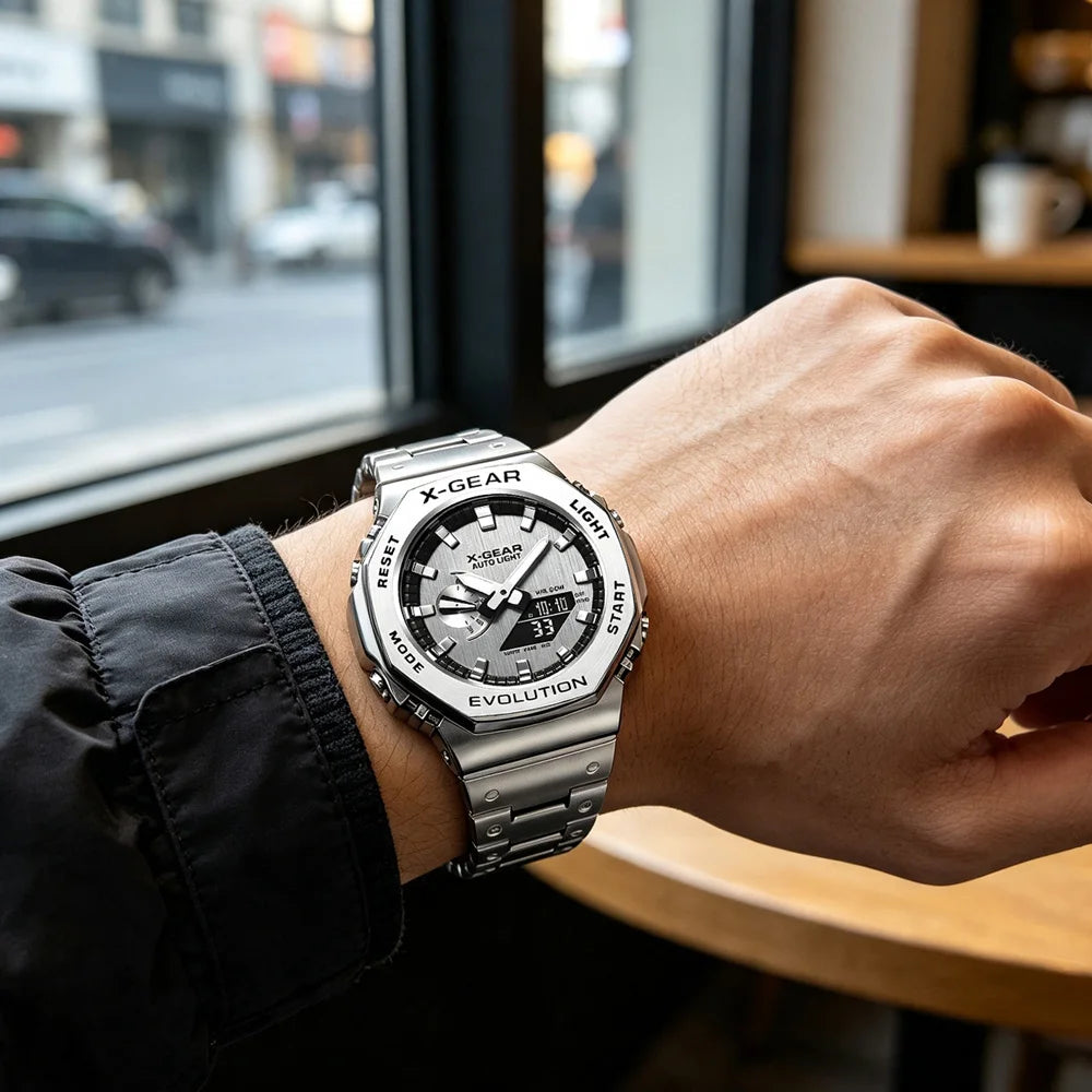 Men’s Dual Display Digital-Analogue Sports Watch – Stainless Steel Edition